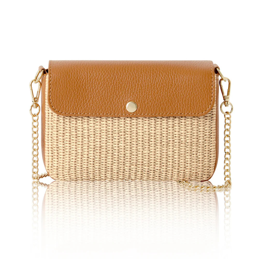 Sandy tan: Italian handmade raffia and leather flap crossbody bag in sandy tan with leather flap and gold chain strap