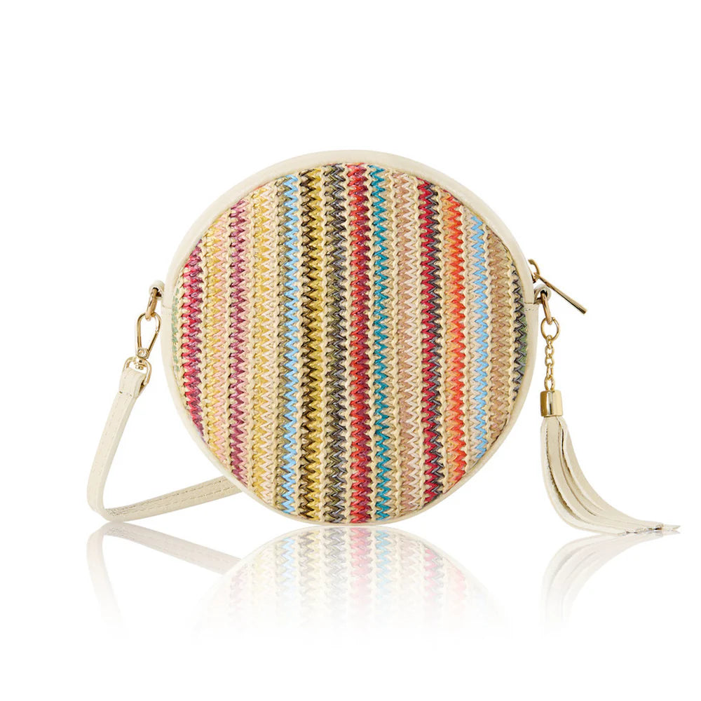Cream: Italian genuine leather and raffia round crossbody bag in cream with multicolour stripe raffia, gold zip and tassel detail