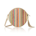 Light taupe product shot: Italian genuine leather and raffia round crossbody bag in light taupe with gold zip and tassel detail