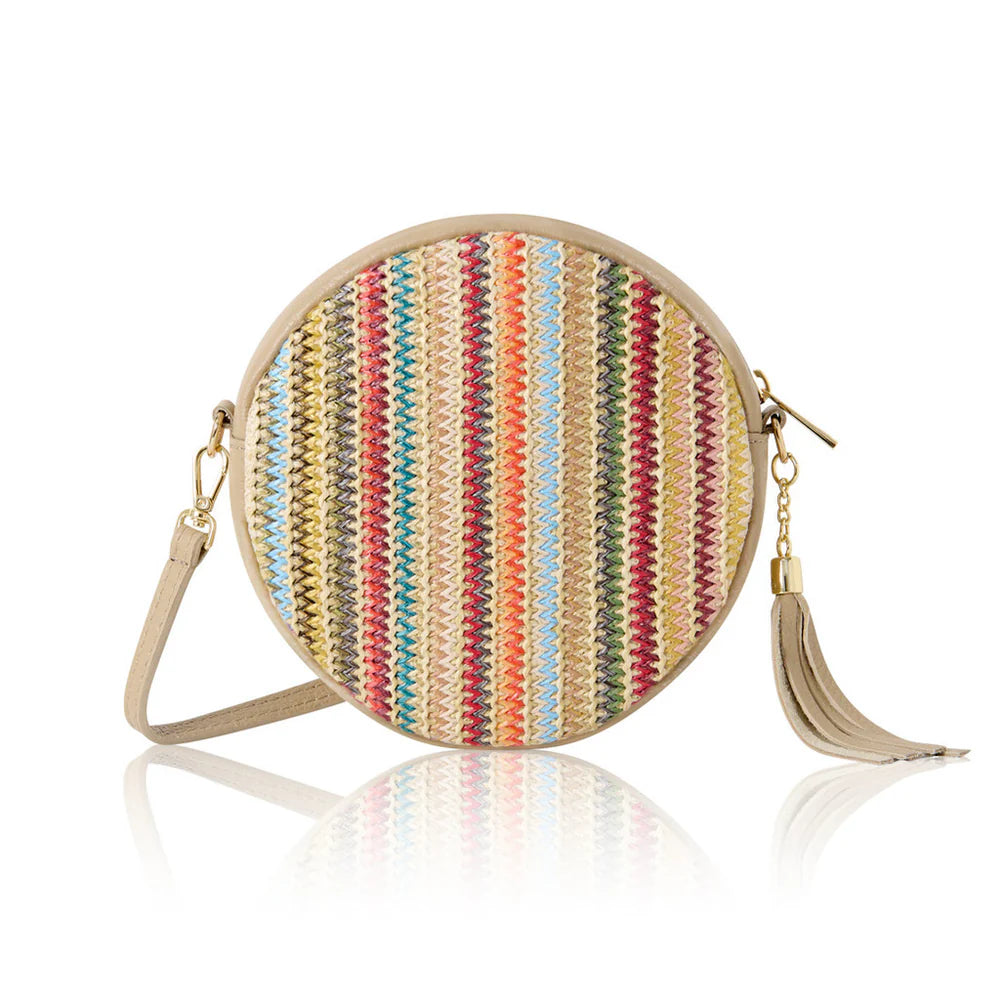 Light taupe product shot: Italian genuine leather and raffia round crossbody bag in light taupe with gold zip and tassel detail