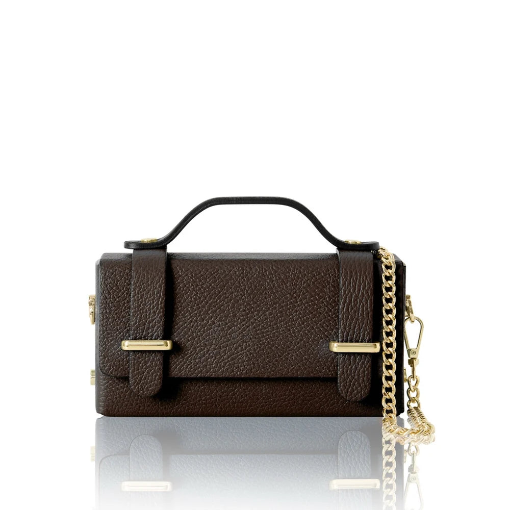 Italian Genuine Leather Mini Box Bag in Dark Chocolate with gold-tone hardware | MERLEORA