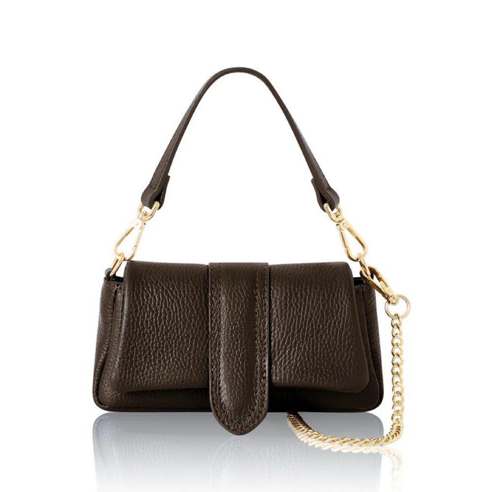 Dark chocolate: Italian genuine leather mini bag in dark chocolate with top handle and gold chain strap