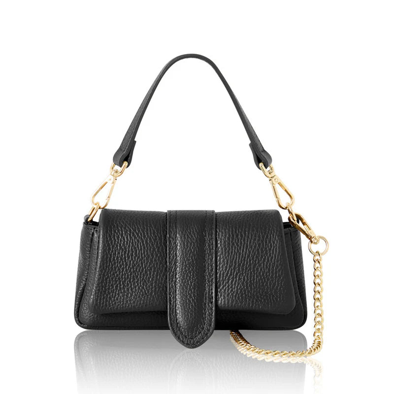 Black: Italian genuine leather mini bag in black with top handle and gold chain strap