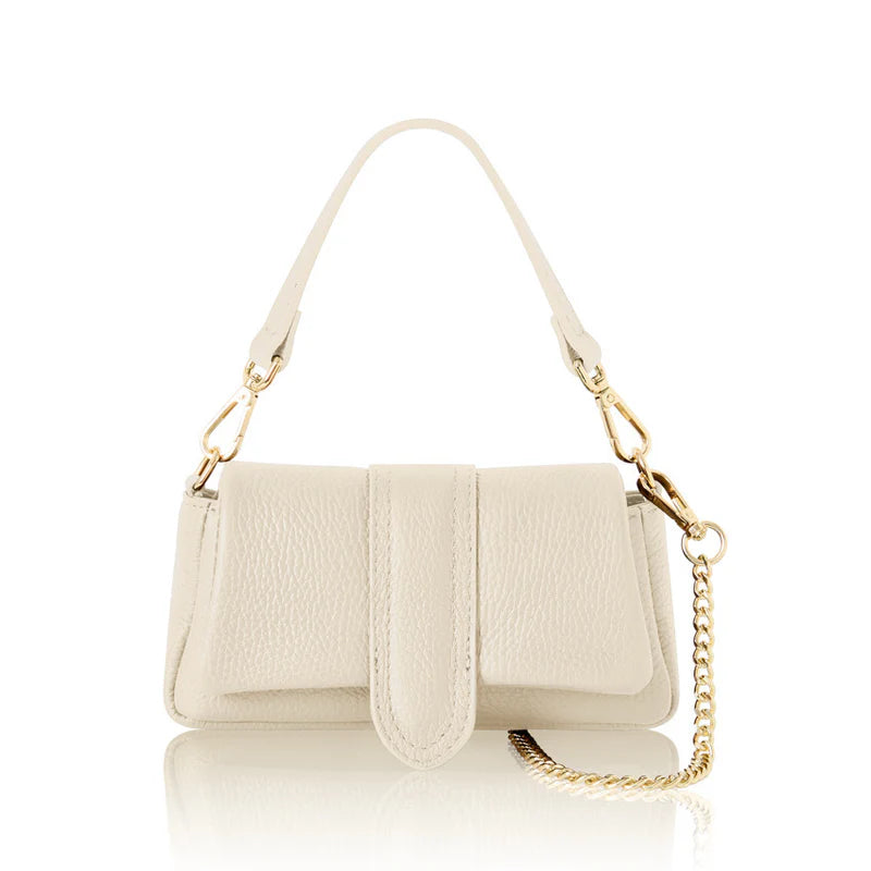 Cream: Italian genuine leather mini bag in cream with top handle and gold chain strap