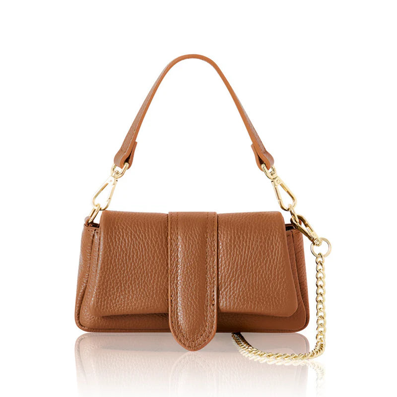 Dark tan: Italian genuine leather mini bag in dark tan with top handle and gold chain strap