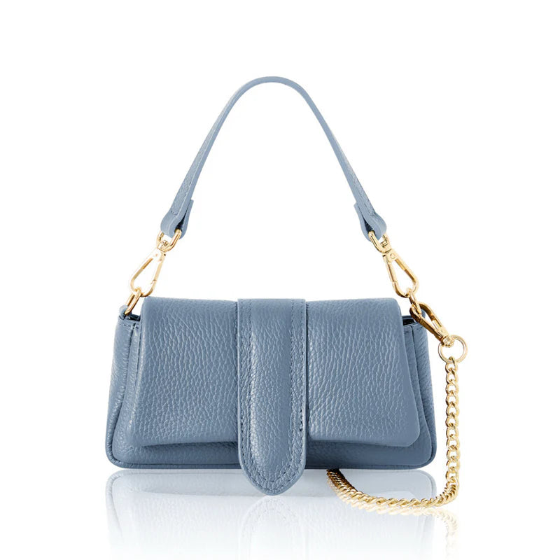 Denim blue: Italian genuine leather mini bag in denim blue with top handle and gold chain strap