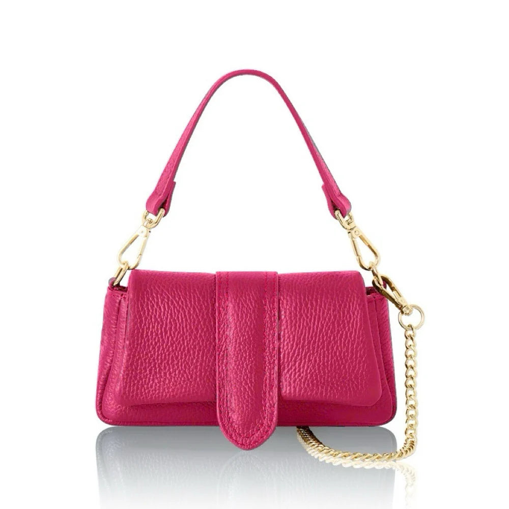 Fuchsia: Italian genuine leather mini bag in fuchsia with top handle and gold chain strap