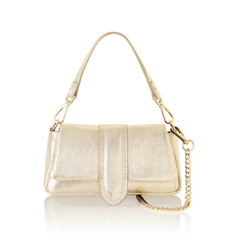 Gold: Italian genuine leather mini bag in gold with top handle and gold chain strap