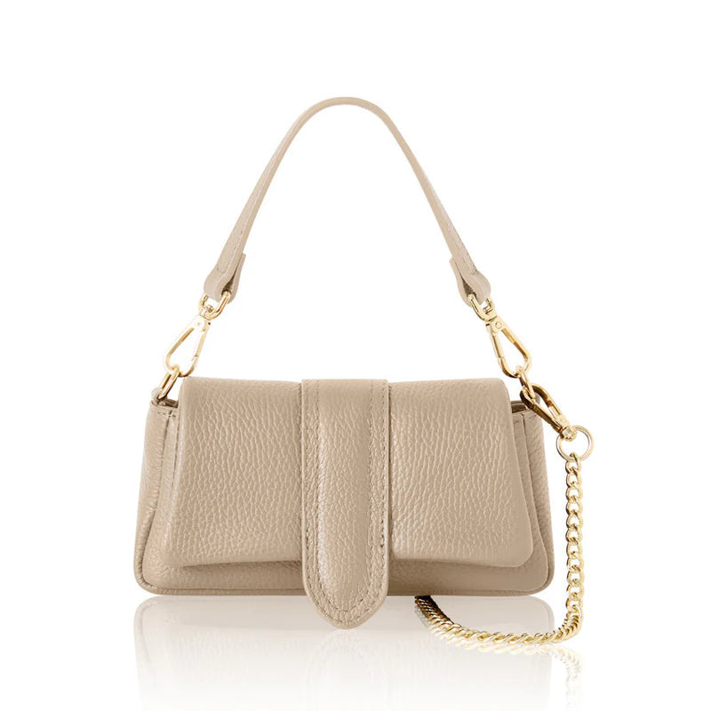 Light taupe: Italian genuine leather mini bag in light taupe with top handle and gold chain strap