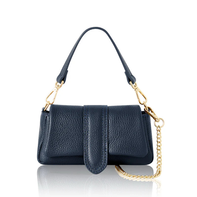 Navy: Italian genuine leather mini bag in navy with top handle and gold chain strap