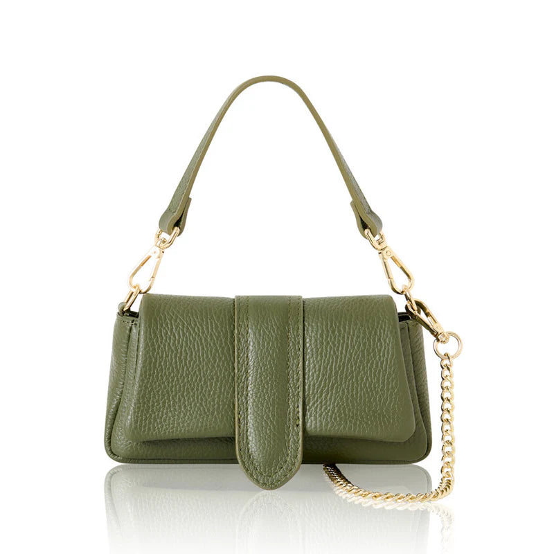 Olive green: Italian genuine leather mini bag in olive green with top handle and gold chain strap