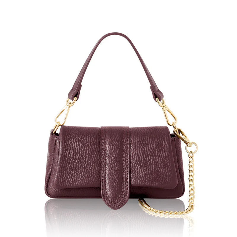 Red plum: Italian genuine leather mini bag in red plum with top handle and gold chain strap