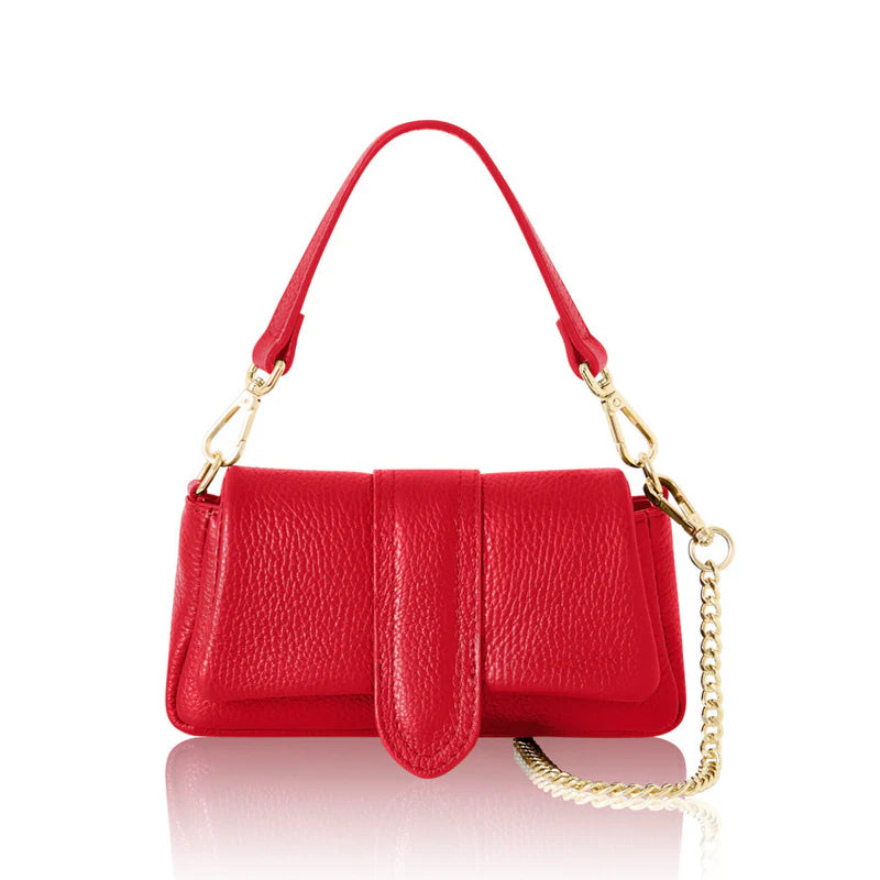 Red: Italian genuine leather mini bag in red with top handle and gold chain strap