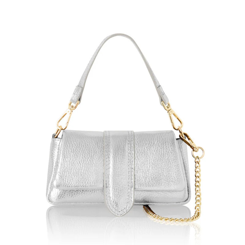 Silver: Italian genuine leather mini bag in silver with top handle and gold chain strap