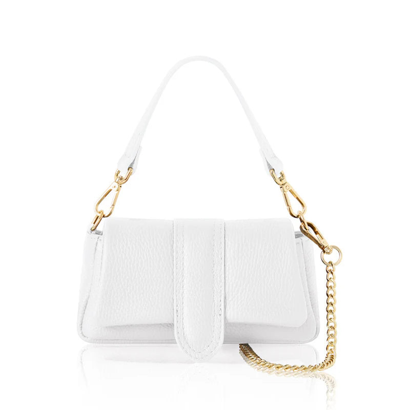 White: Italian genuine leather mini bag in white with top handle and gold chain strap