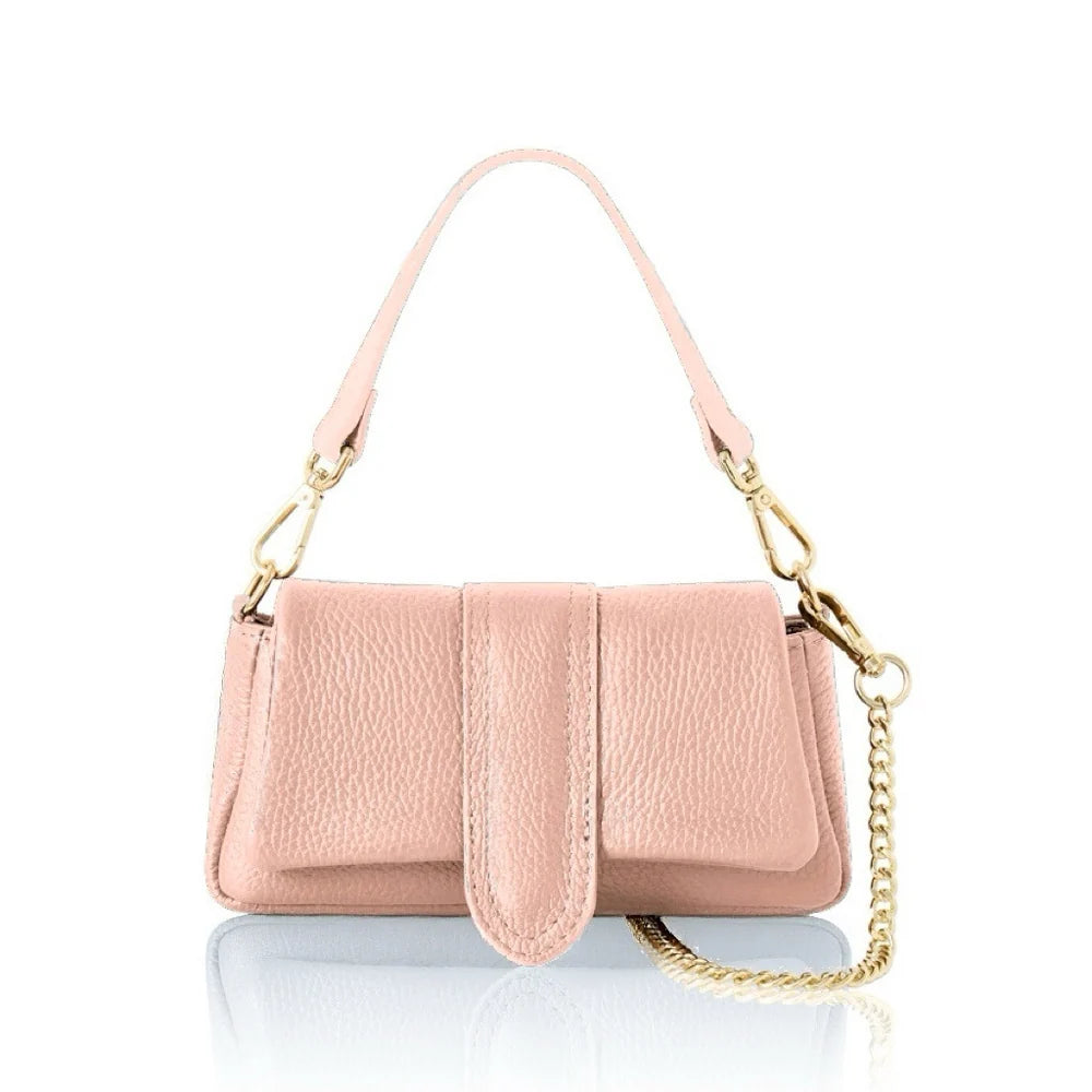 Blush pink: Italian genuine leather mini bag in blush pink with top handle and gold chain strap