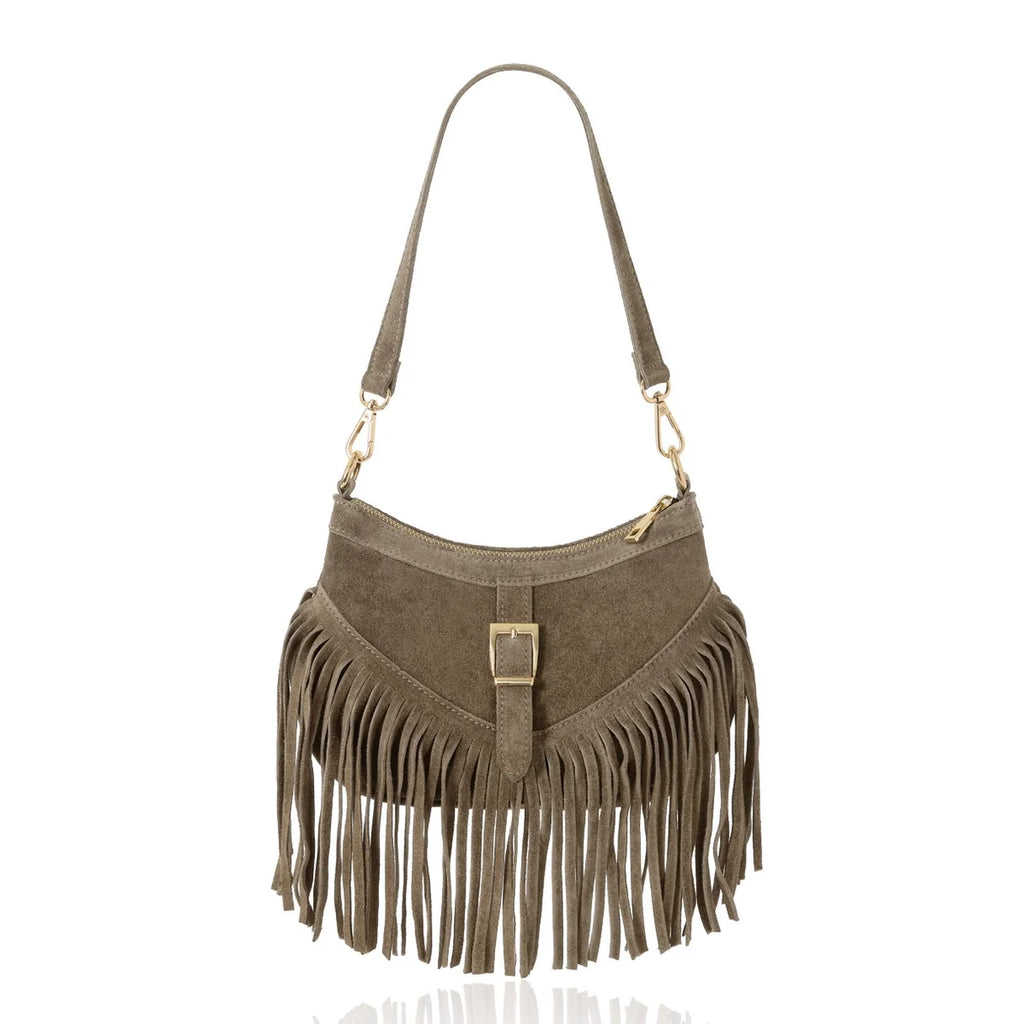 Italian Suede Fringe Shoulder & Crossbody Bag in Dark Taupe with light gold-tone hardware | MERLEORA
