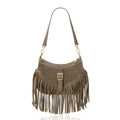 Italian Suede Fringe Shoulder & Crossbody Bag in Dark Taupe with light gold-tone hardware | MERLEORA
