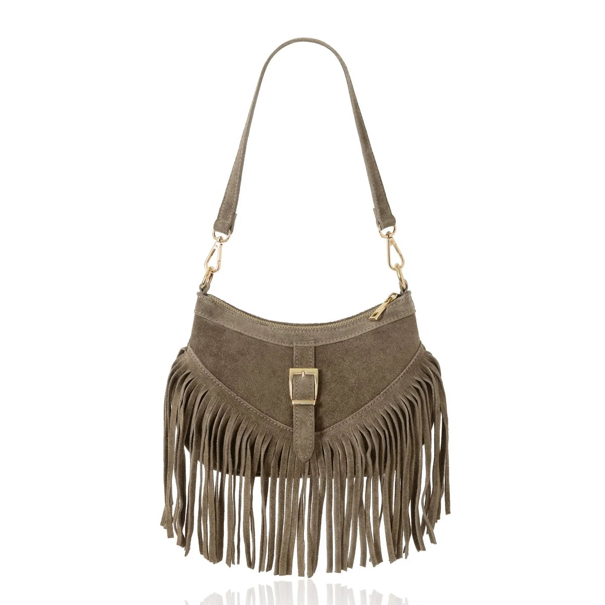 Italian Suede Fringe Shoulder & Crossbody Bag in Dark Taupe with light gold-tone hardware | MERLEORA