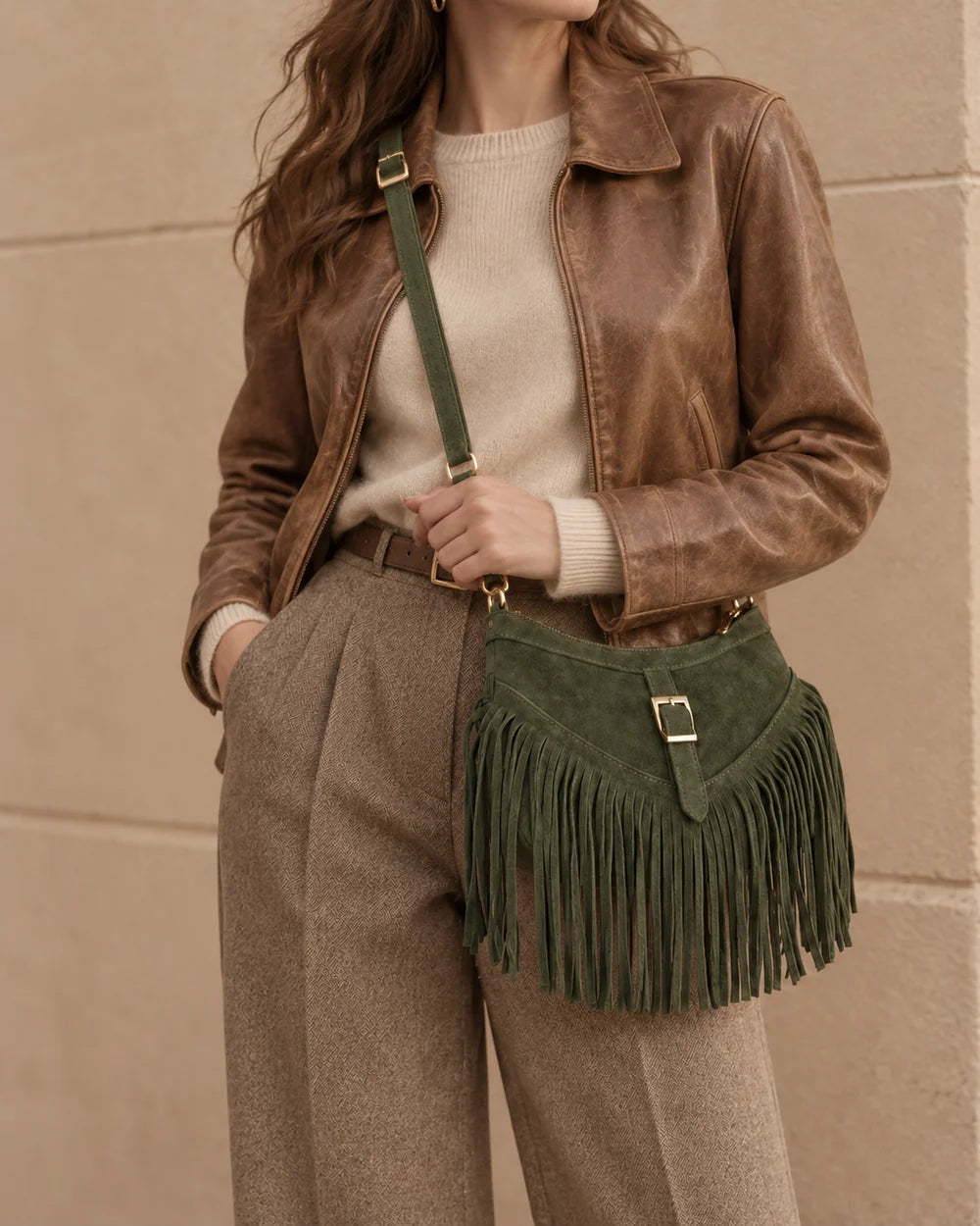 Italian Suede Fringe Shoulder & Crossbody Bag in Olive Green with light gold-tone hardware, worn crossbody | MERLEORA