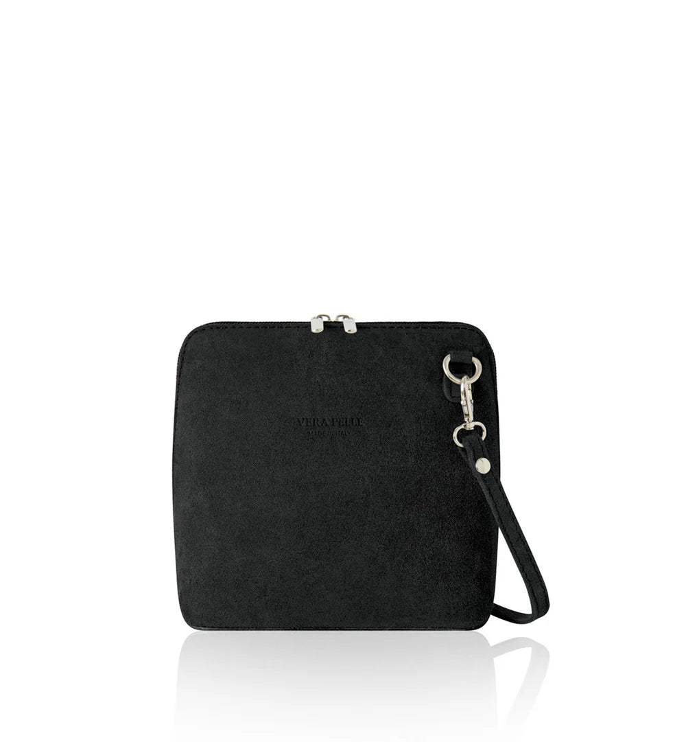 Black: Italian handmade suede mini square crossbody bag in black with gold chain strap

