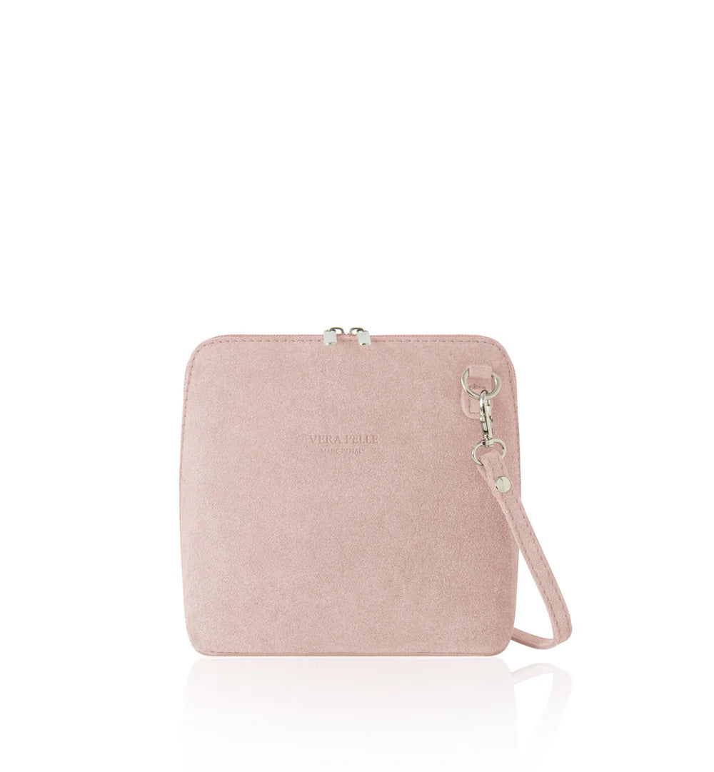 Blush pink: Italian handmade suede mini square crossbody bag in blush pink with gold chain strap