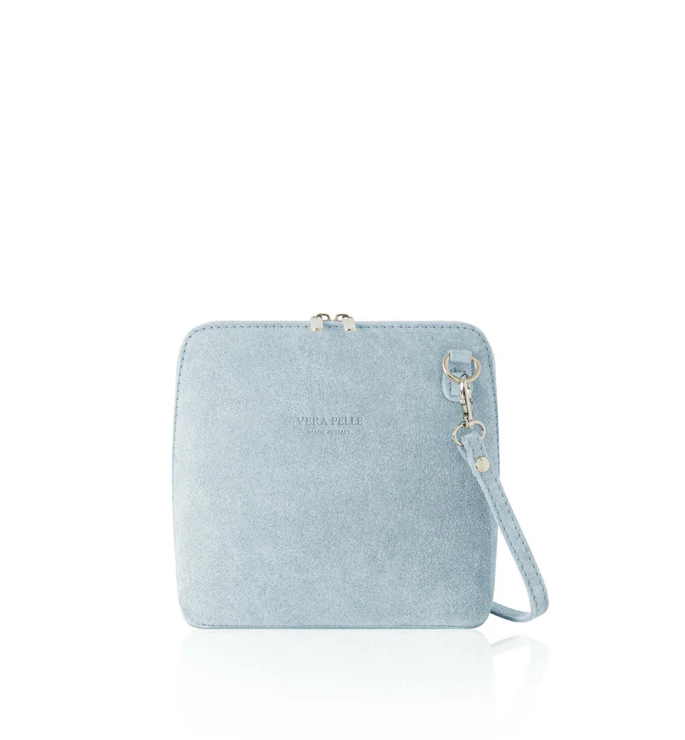 Cloud blue: Italian handmade suede mini square crossbody bag in cloud blue with gold chain strap