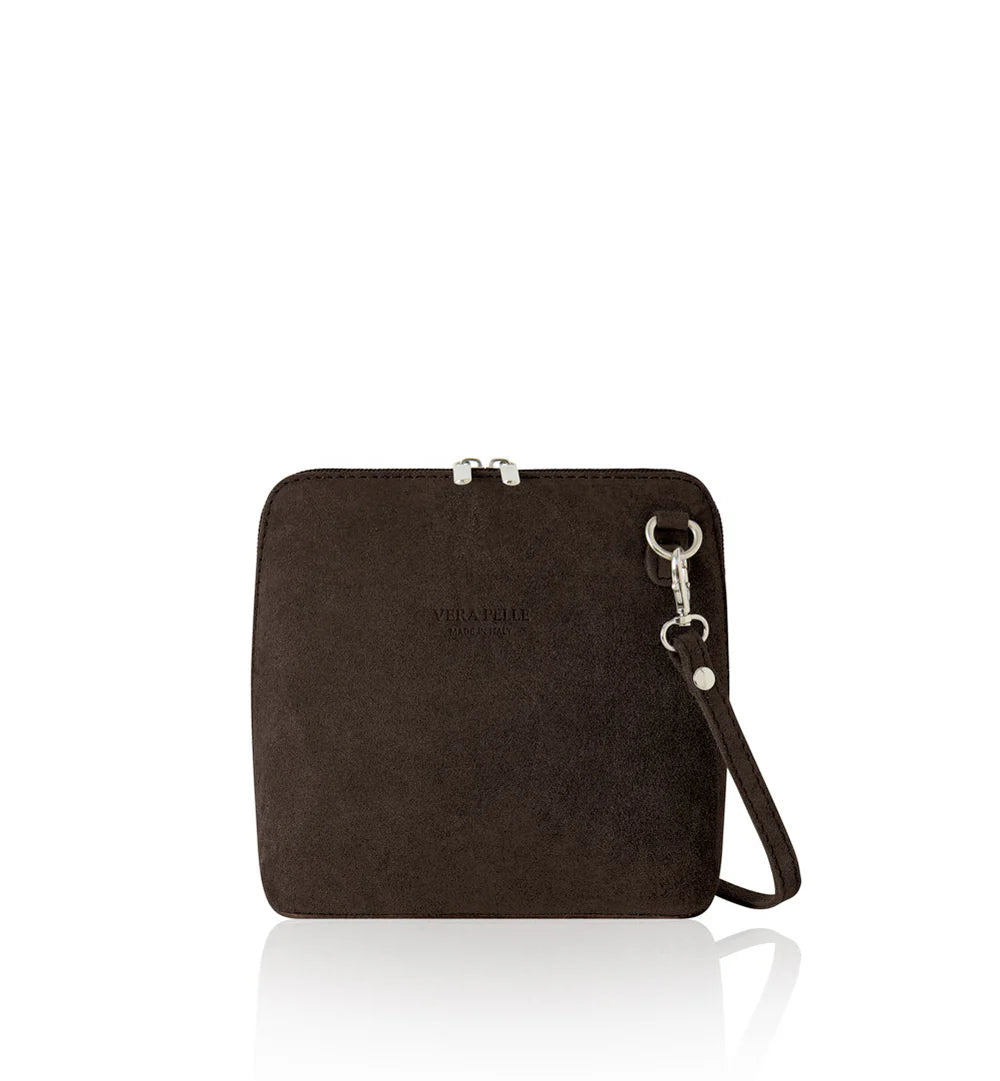 Dark chocolate: Italian handmade suede mini square crossbody bag in dark chocolate with gold chain strap