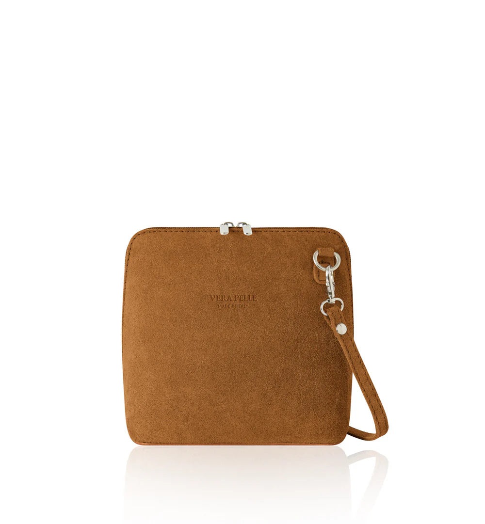 Dark tan: Italian handmade suede mini square crossbody bag in dark tan with gold chain strap