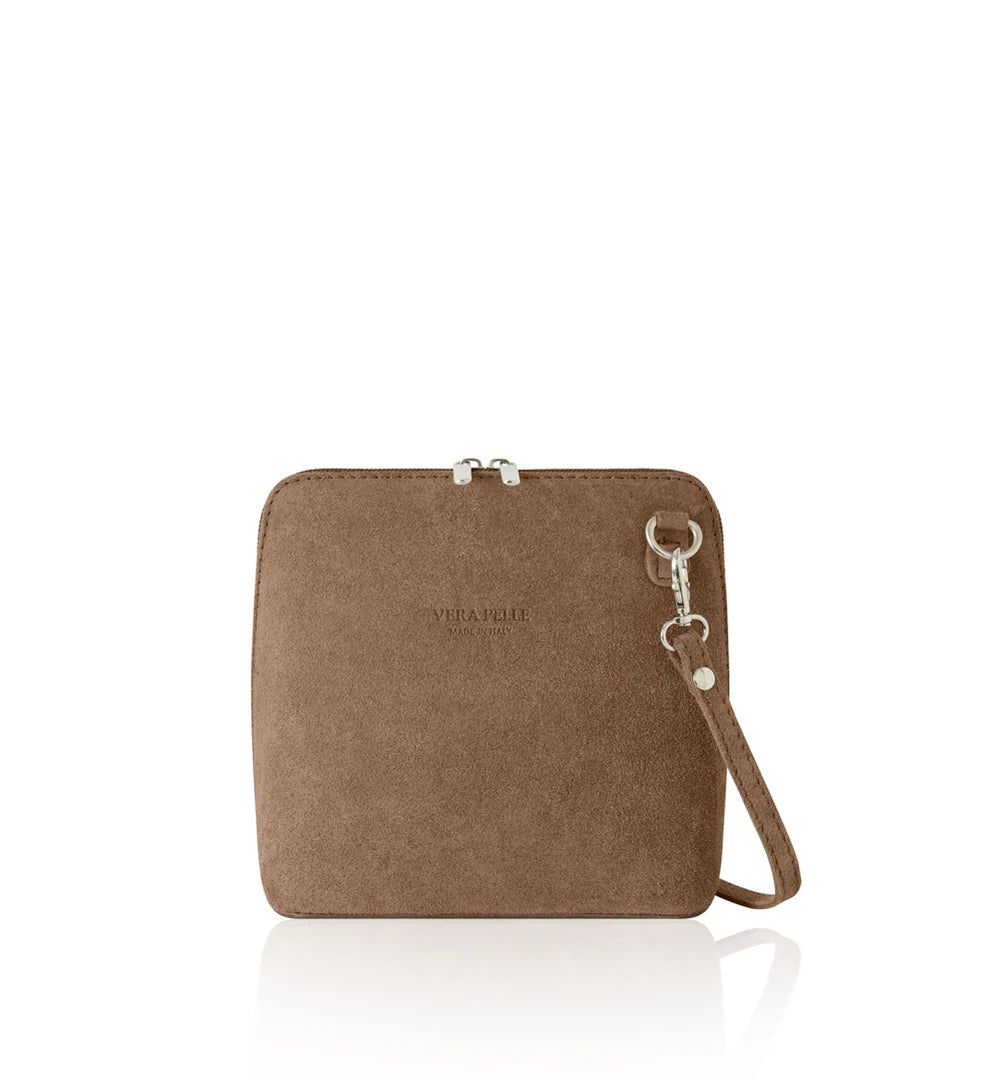 Dark taupe: Italian handmade suede mini square crossbody bag in dark taupe with gold chain strap