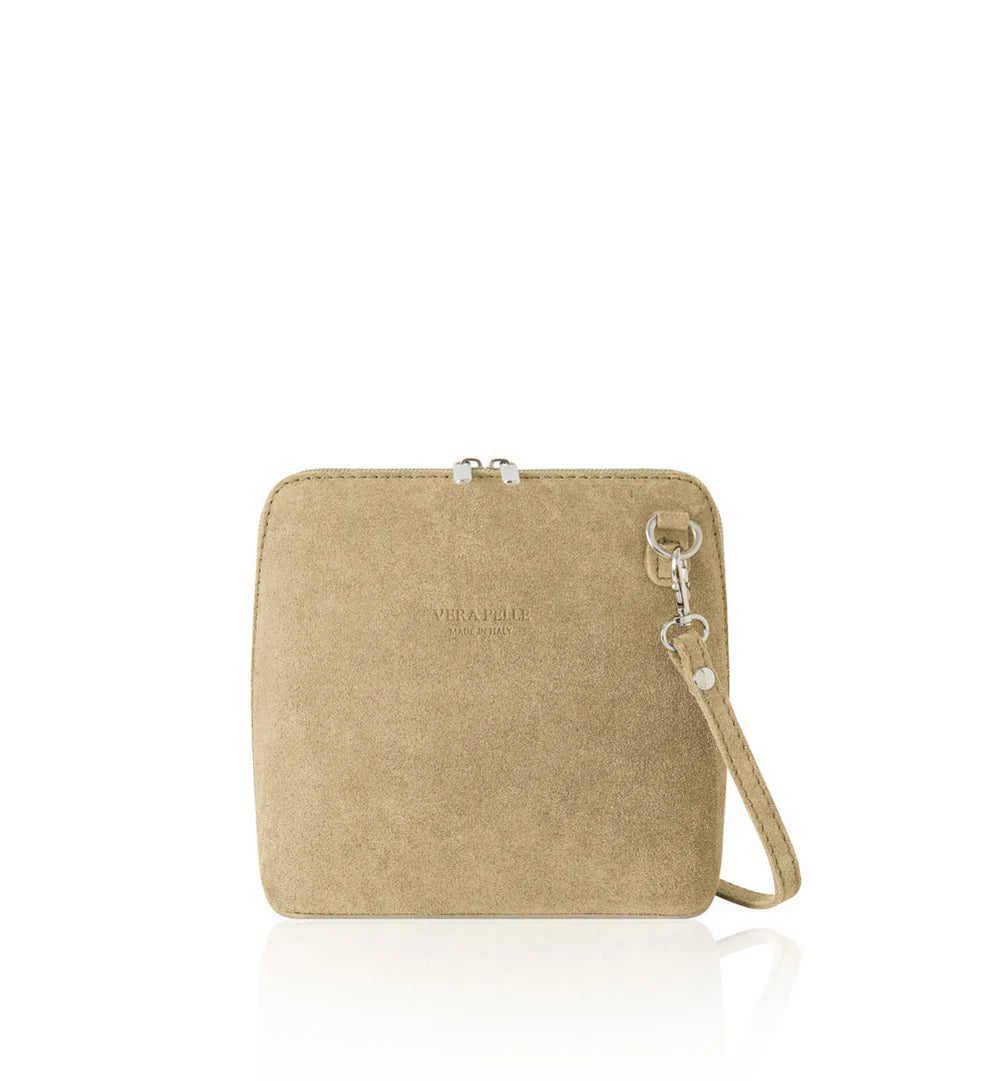 Light taupe: Italian handmade suede mini square crossbody bag in light taupe with gold chain strap