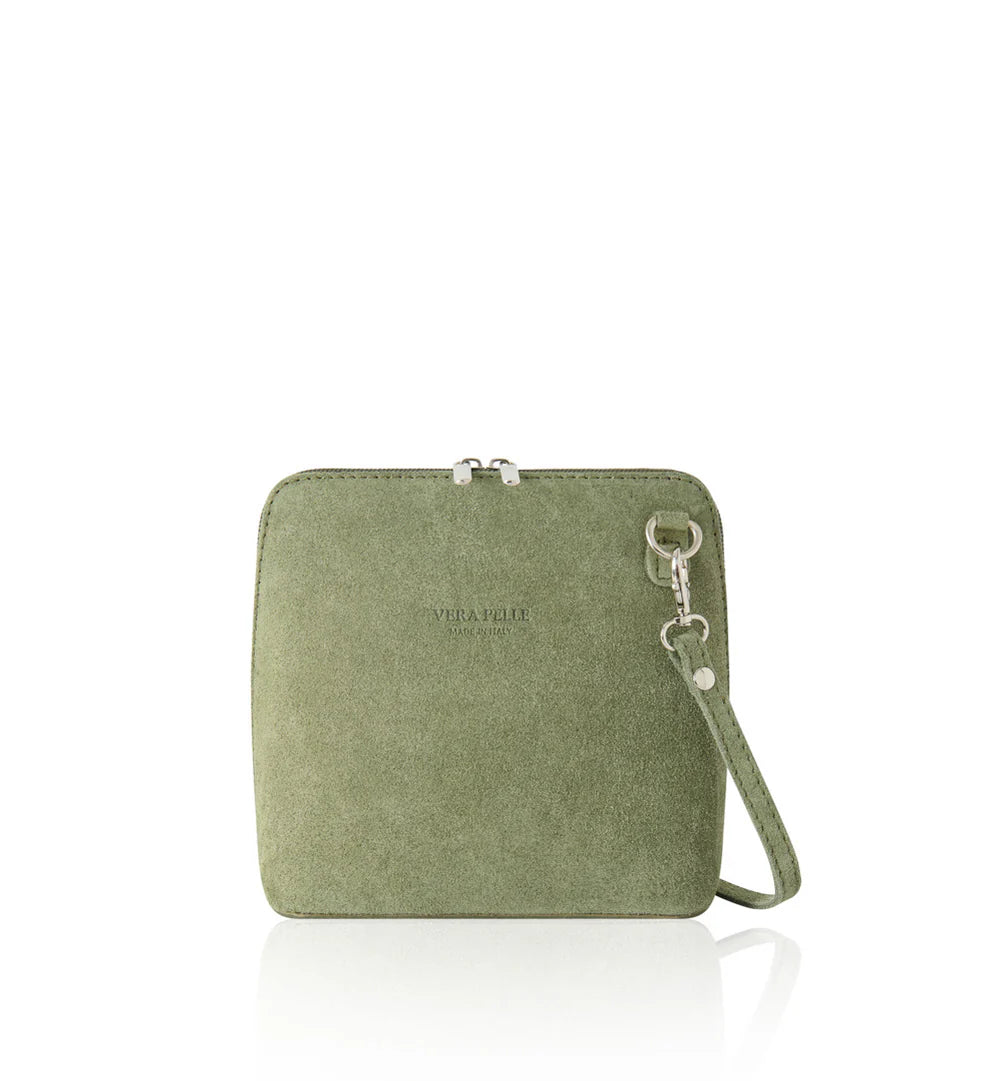 Moss green: Italian handmade suede mini square crossbody bag in moss green with gold chain strap