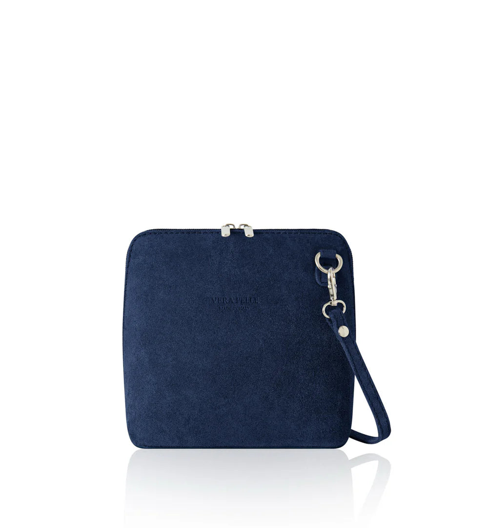 Navy: Italian handmade suede mini square crossbody bag in navy with gold chain strap