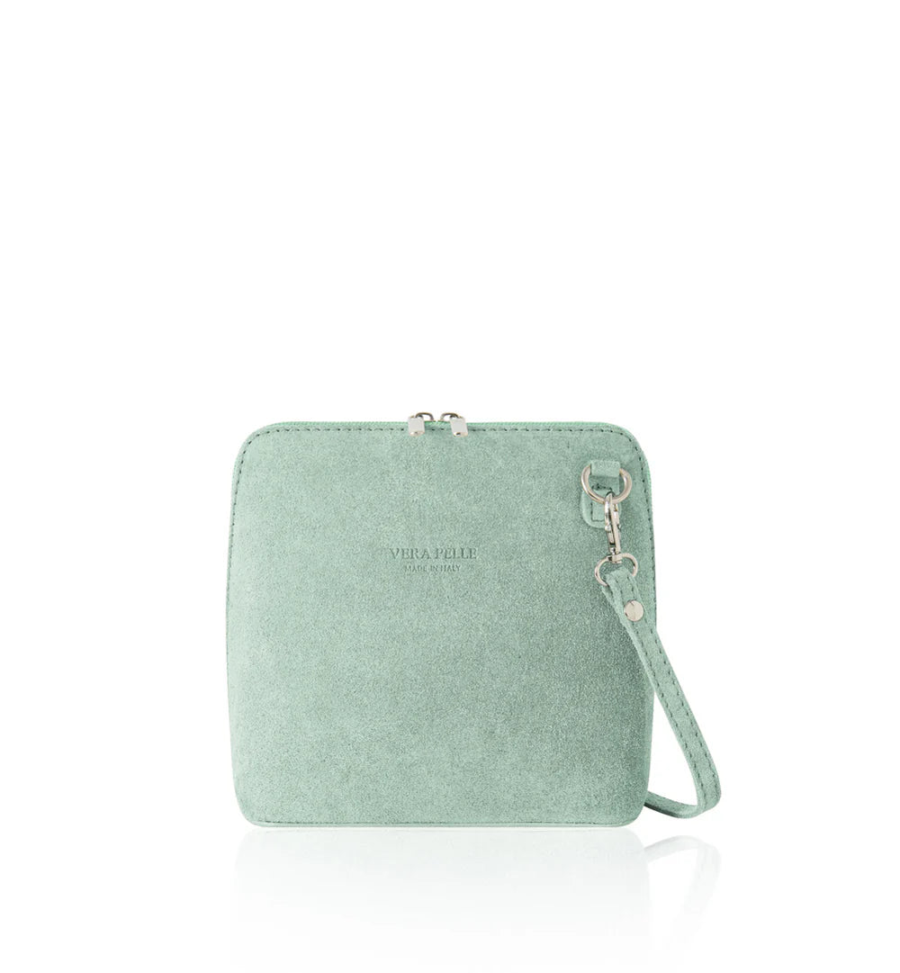 Sage green: Italian handmade suede mini square crossbody bag in sage green with gold chain strap