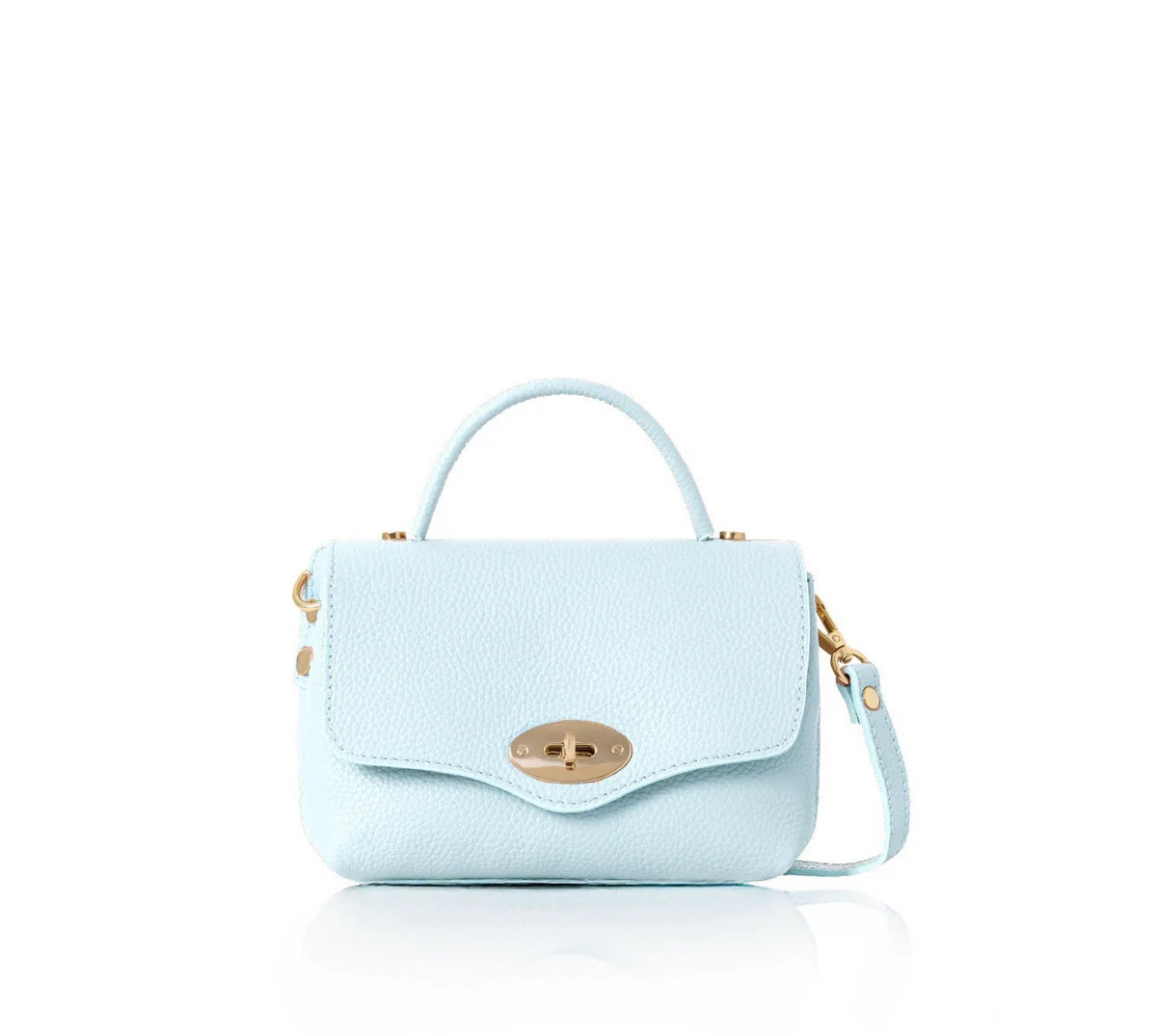 Cloud blue: Italian handmade genuine leather mini top handle crossbody bag in cloud blue with gold hardware