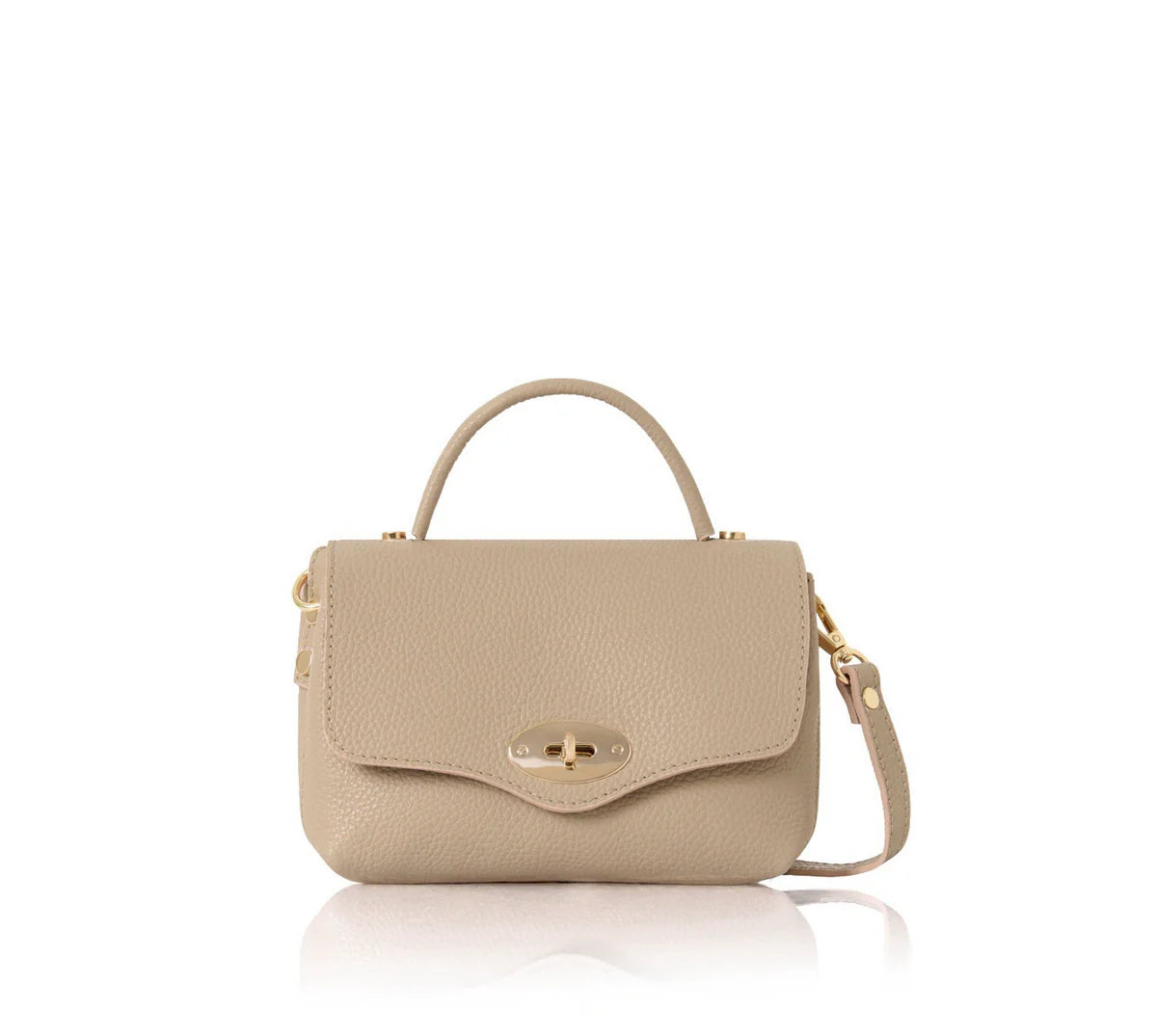 Light taupe: Italian handmade genuine leather mini top handle crossbody bag in light taupe with gold hardware
