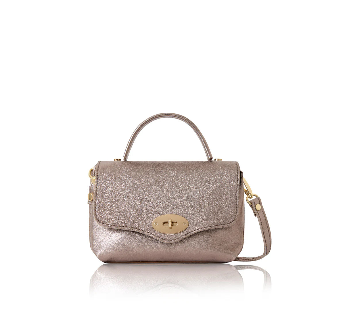 Bronze: Italian handmade genuine leather mini top handle crossbody bag in bronze with gold hardware