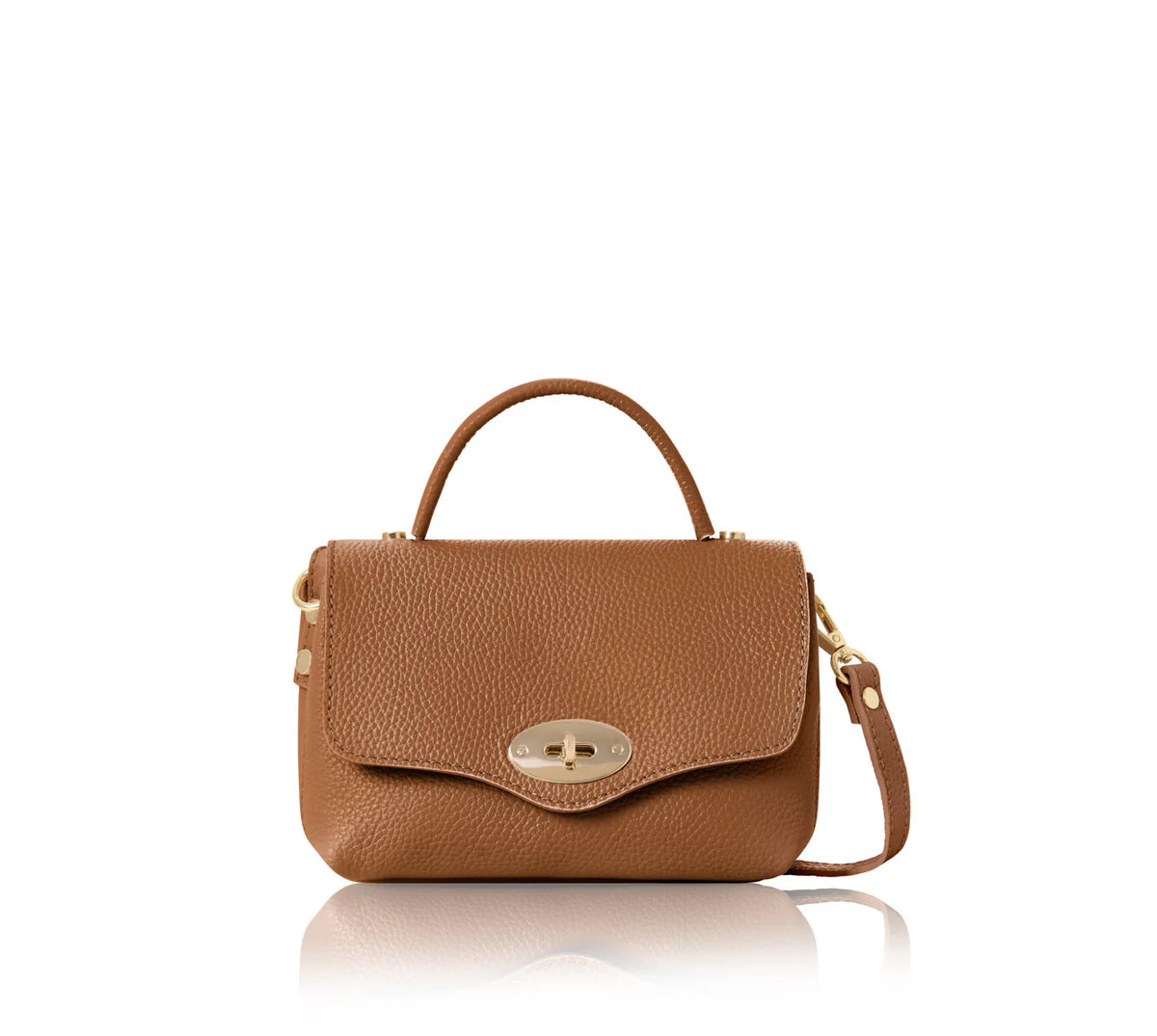 Dark tan: Italian handmade genuine leather mini top handle crossbody bag in dark tan with gold hardware