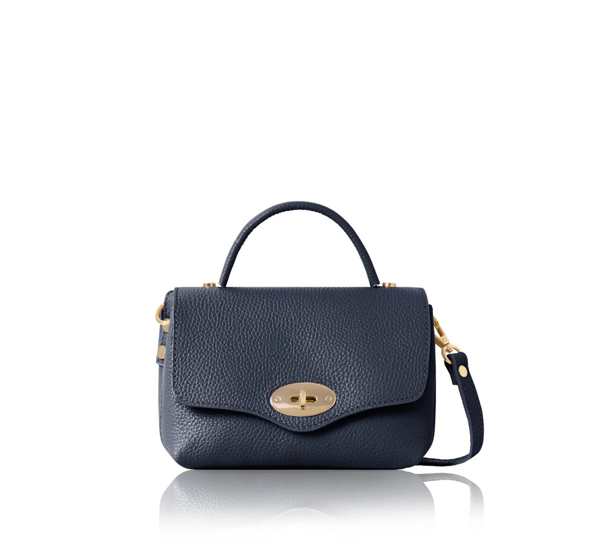 Navy: Italian handmade genuine leather mini top handle crossbody bag in navy with gold hardware