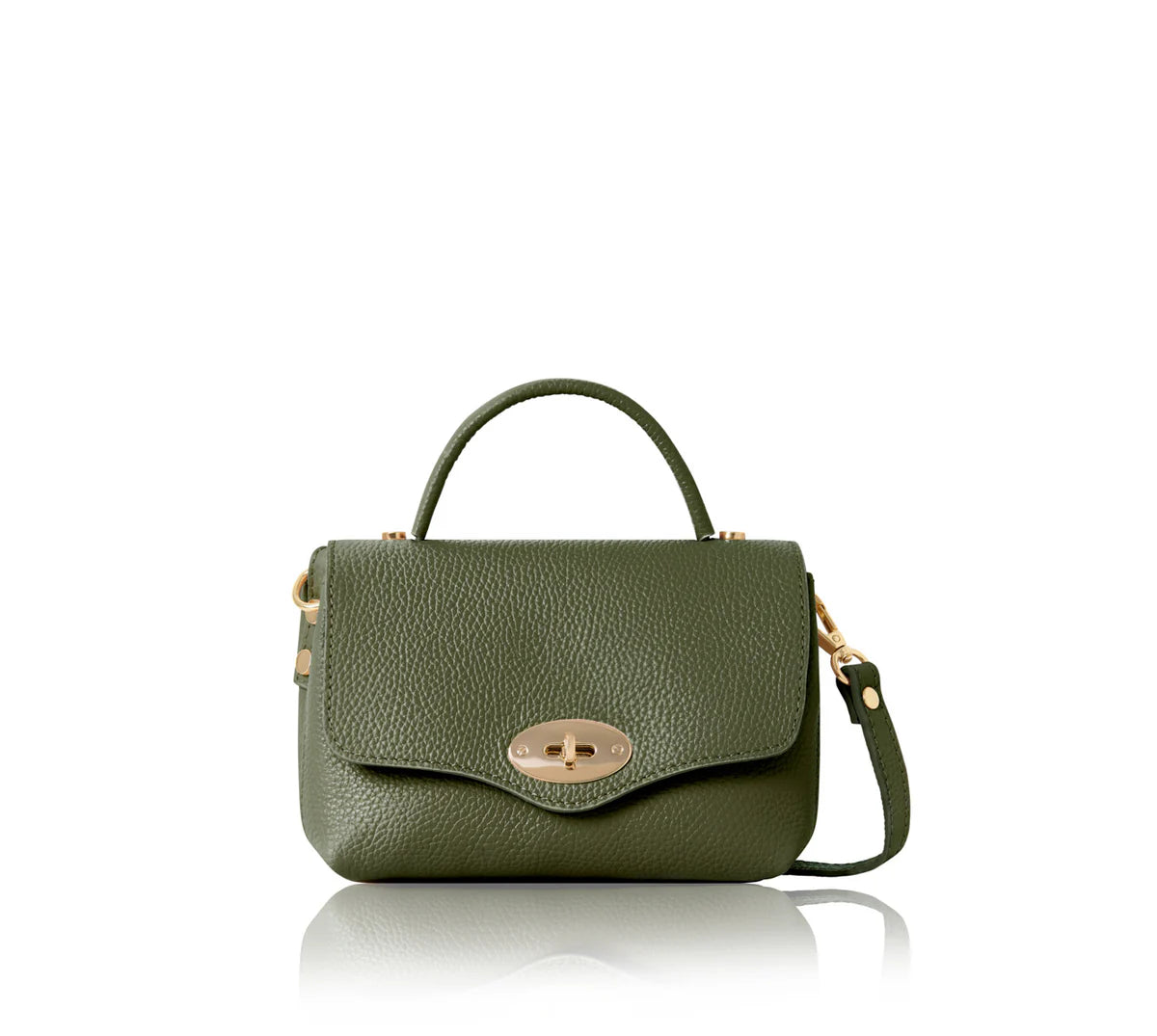 Olive green: Italian handmade genuine leather mini top handle crossbody bag in olive green with gold hardware