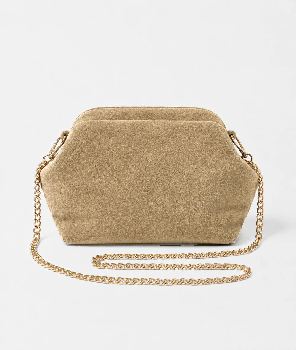 Light taupe: Italian handmade suede shell-inspired chain bag in light taupe with gold chain strap