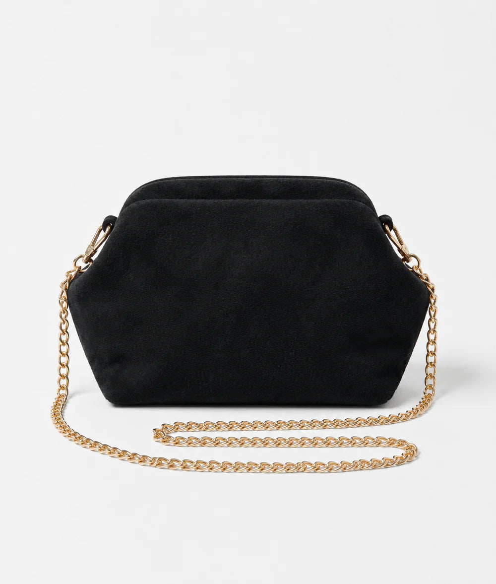 Black: Italian handmade suede shell-inspired chain bag in black with gold chain strap