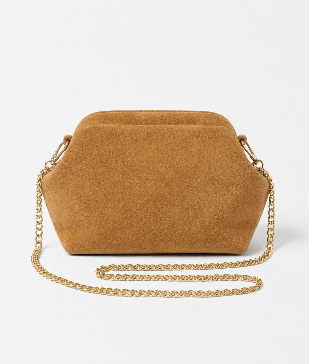 Camel: Italian handmade suede shell-inspired chain bag in camel with gold chain strap