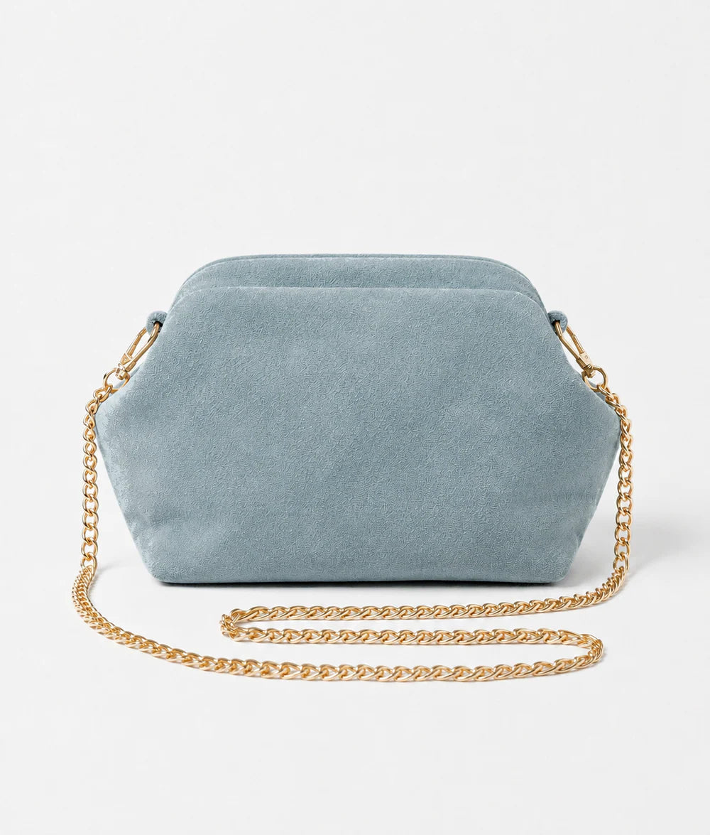 Cloud blue: Italian handmade suede shell-inspired chain bag in cloud blue with gold chain strap