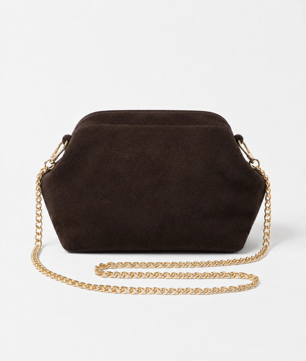 Dark chocolate: Italian handmade suede shell-inspired chain bag in dark chocolate with gold chain strap