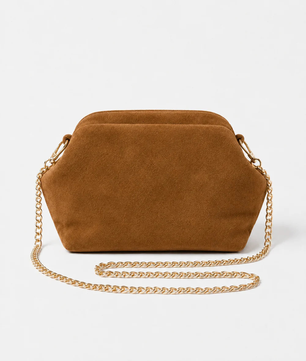 Dark tan: Italian handmade suede shell-inspired chain bag in dark tan with gold chain strap