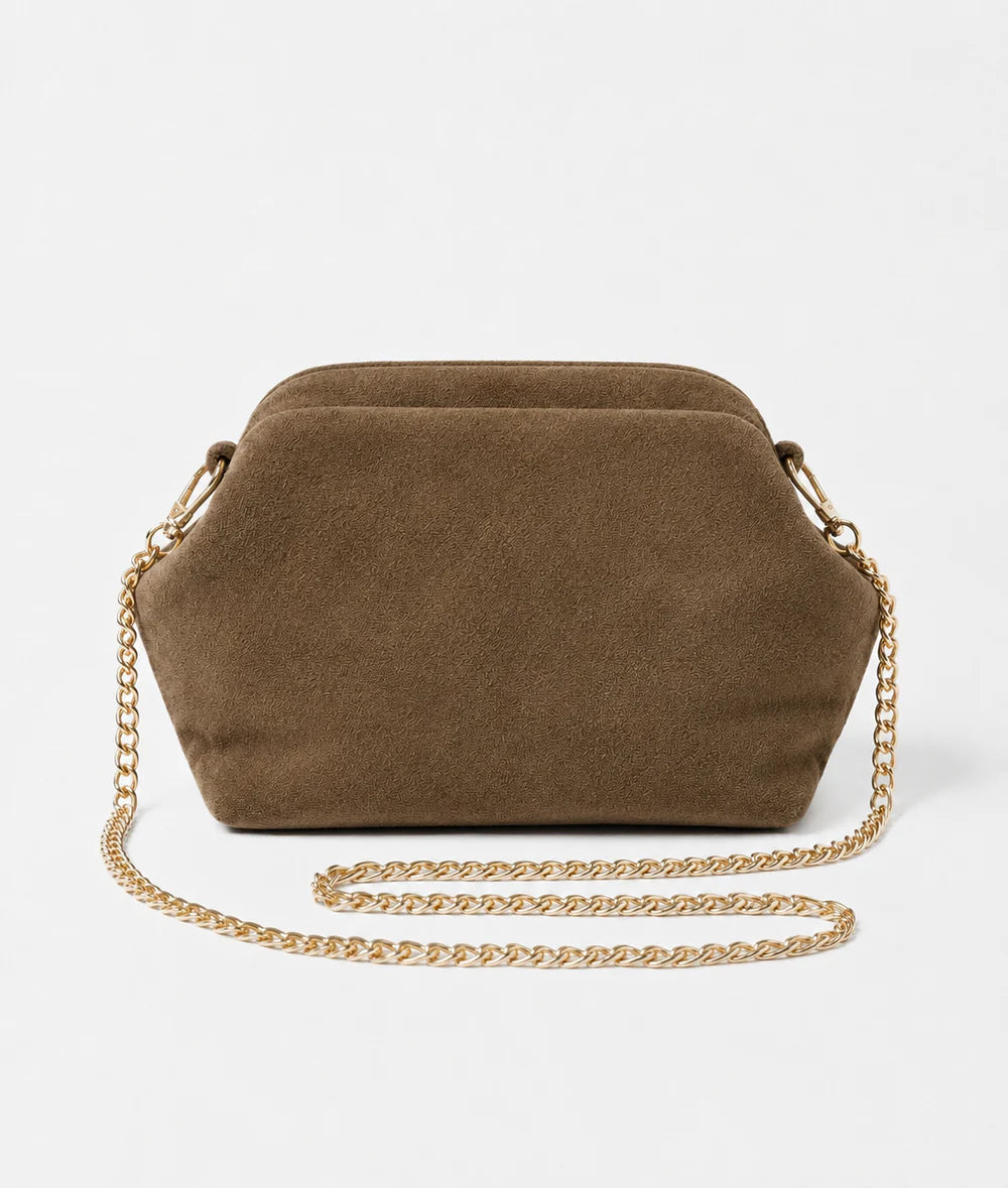 Dark taupe: Italian handmade suede shell-inspired chain bag in dark taupe with gold chain strap