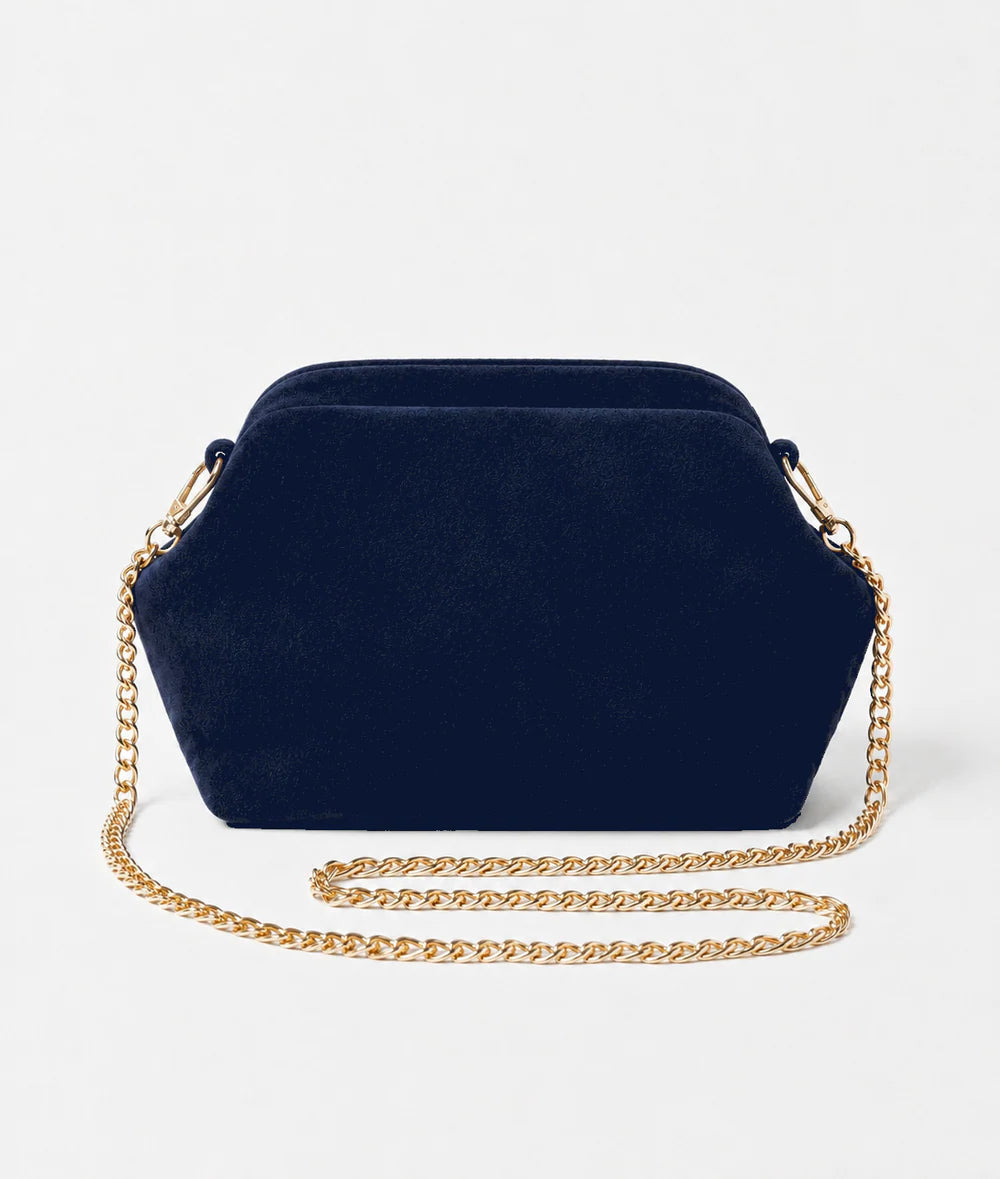 Navy: Italian handmade suede shell-inspired chain bag in navy with gold chain strap