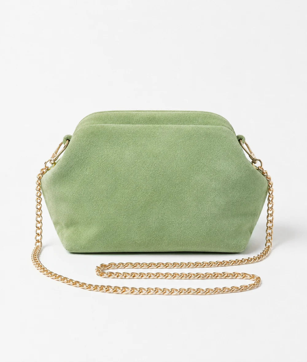 Sage green: Italian handmade suede shell-inspired chain bag in sage green with gold chain strap