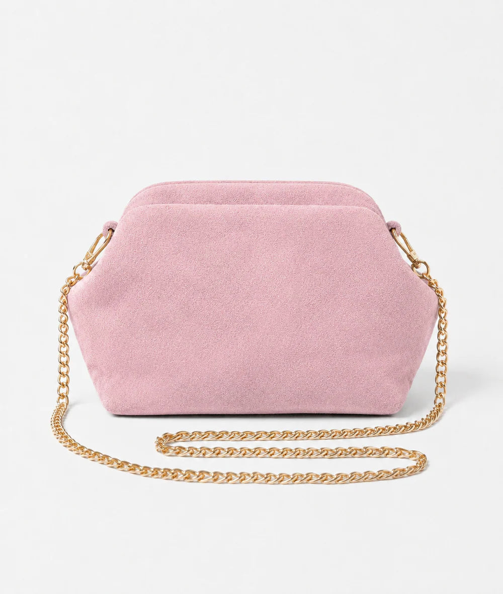 Blush pink: Italian handmade suede shell-inspired chain bag in blush pink with gold chain strap